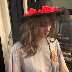 Black Felt Hat with Veil and Red Floral Band